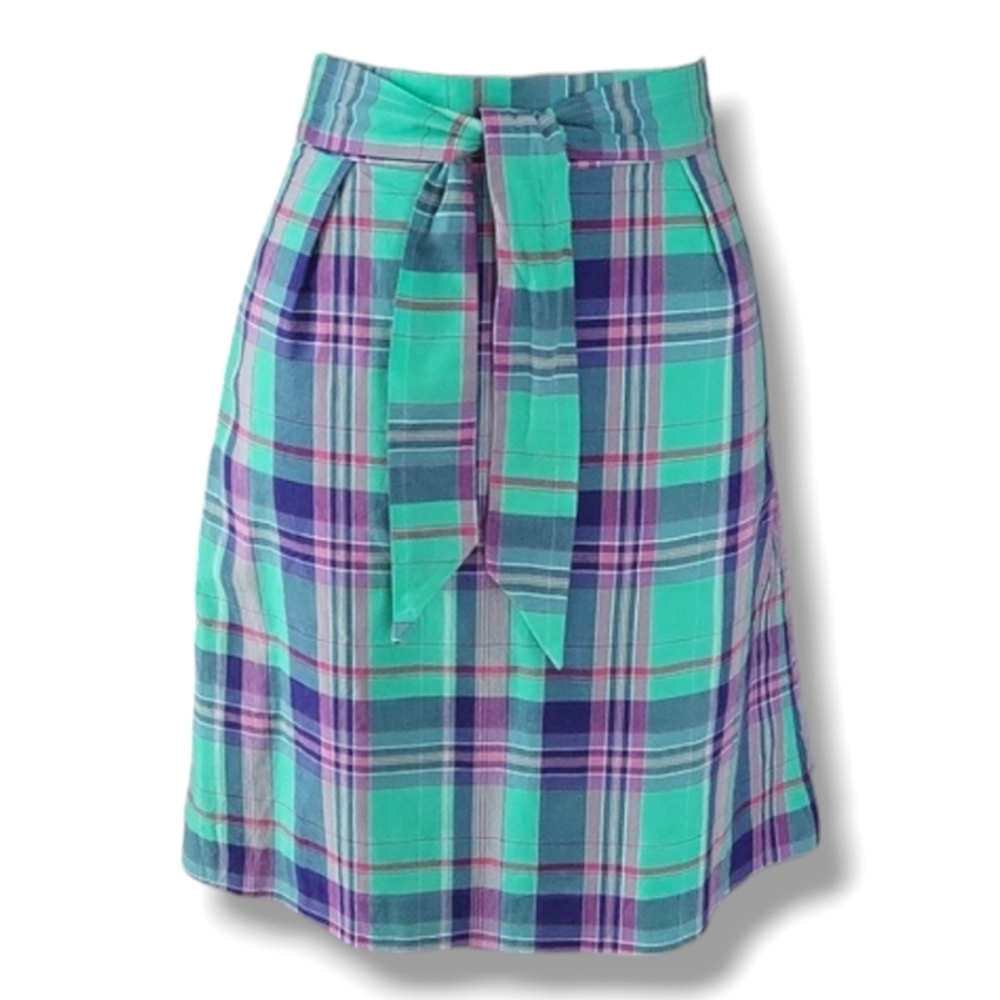 BROOKS BROTHERS 346 Cotton Madras Plaid Tie-Front Knee-Length Skirt